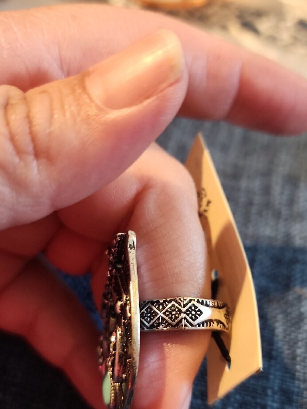 Western Turquoise Horseshoe Ring with Rhinestones - Silver Tone - Picture 2 of 4